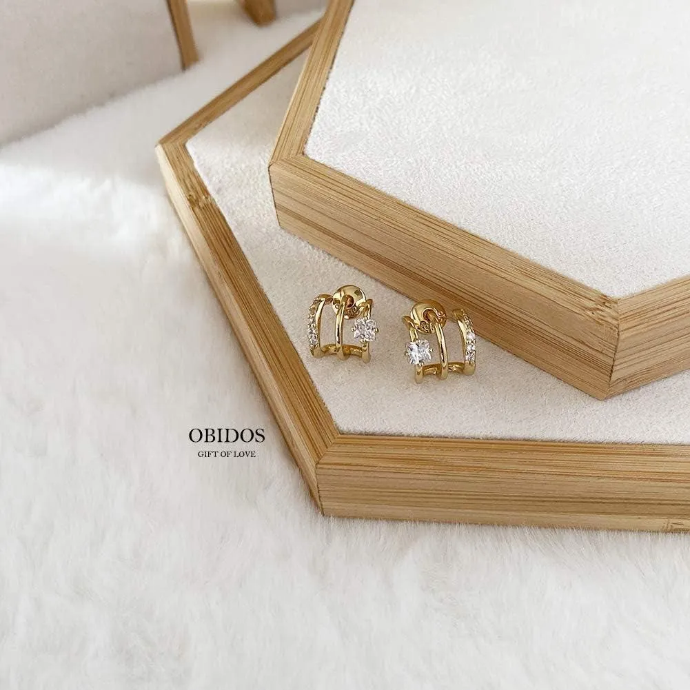 14K Gold Plated Triple Huggie Illusion Stud Earrings | Double Huggie Hoop Earrings for One Hole | Gold Hoop Earrings for Women