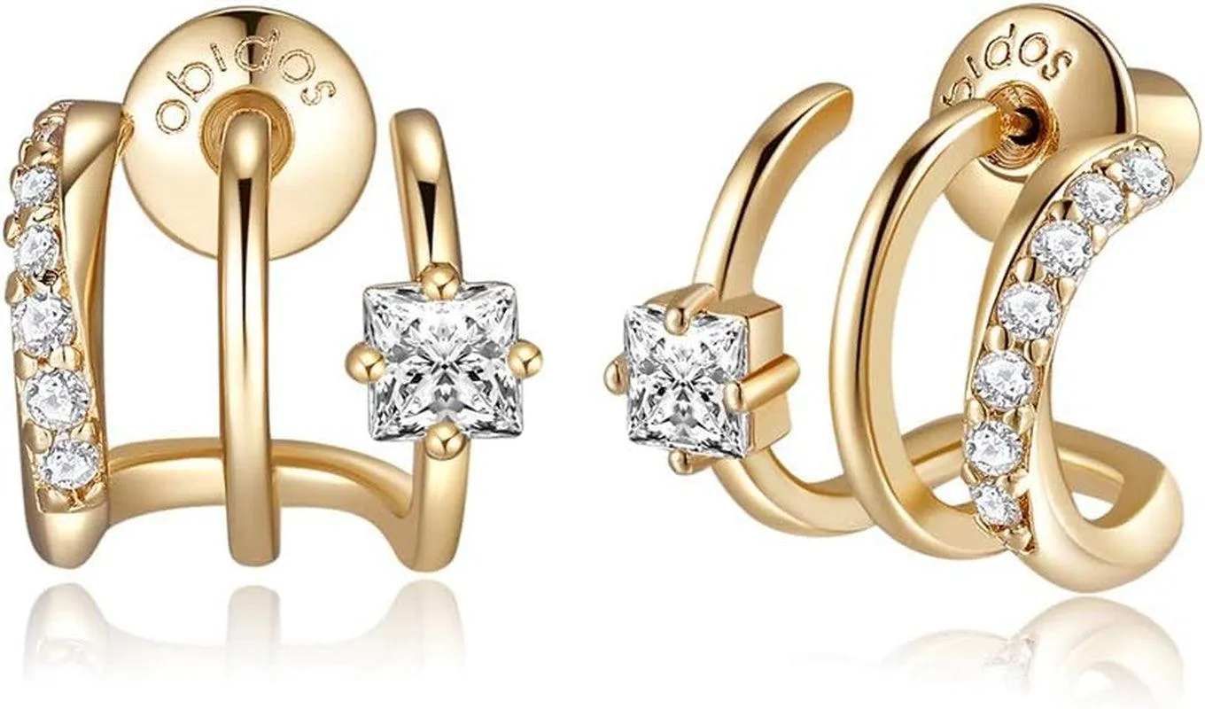 14K Gold Plated Triple Huggie Illusion Stud Earrings | Double Huggie Hoop Earrings for One Hole | Gold Hoop Earrings for Women