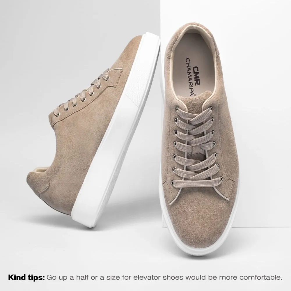 6 CM / 2.36 Inches Taller - CMR CHAMARIPA Elevator Shoes Suede Leather Canvas Apricot Sneakers