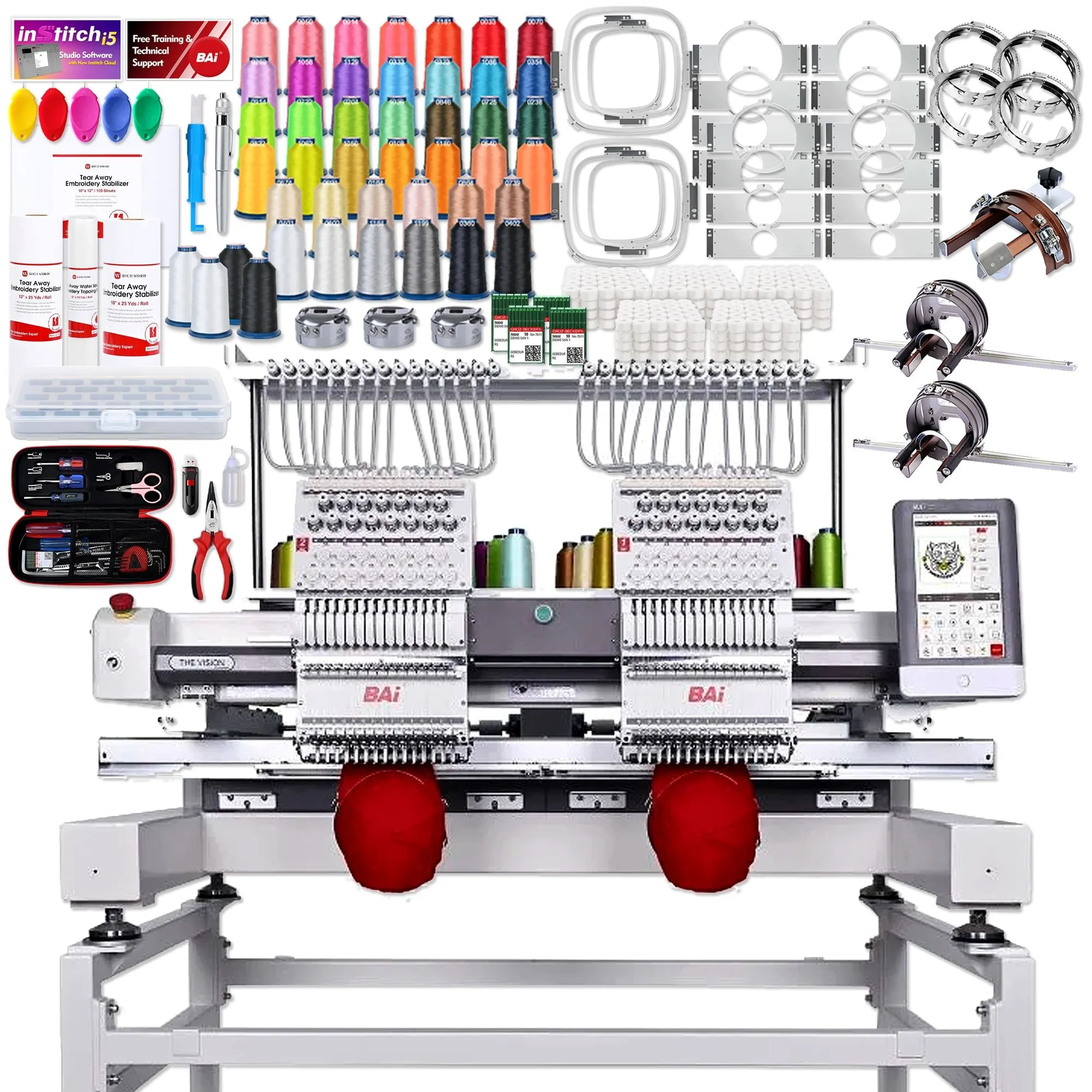 BAi VISION Two Head 15 Needle Embroidery Machine with Deluxe Mighty Hoop Bundle