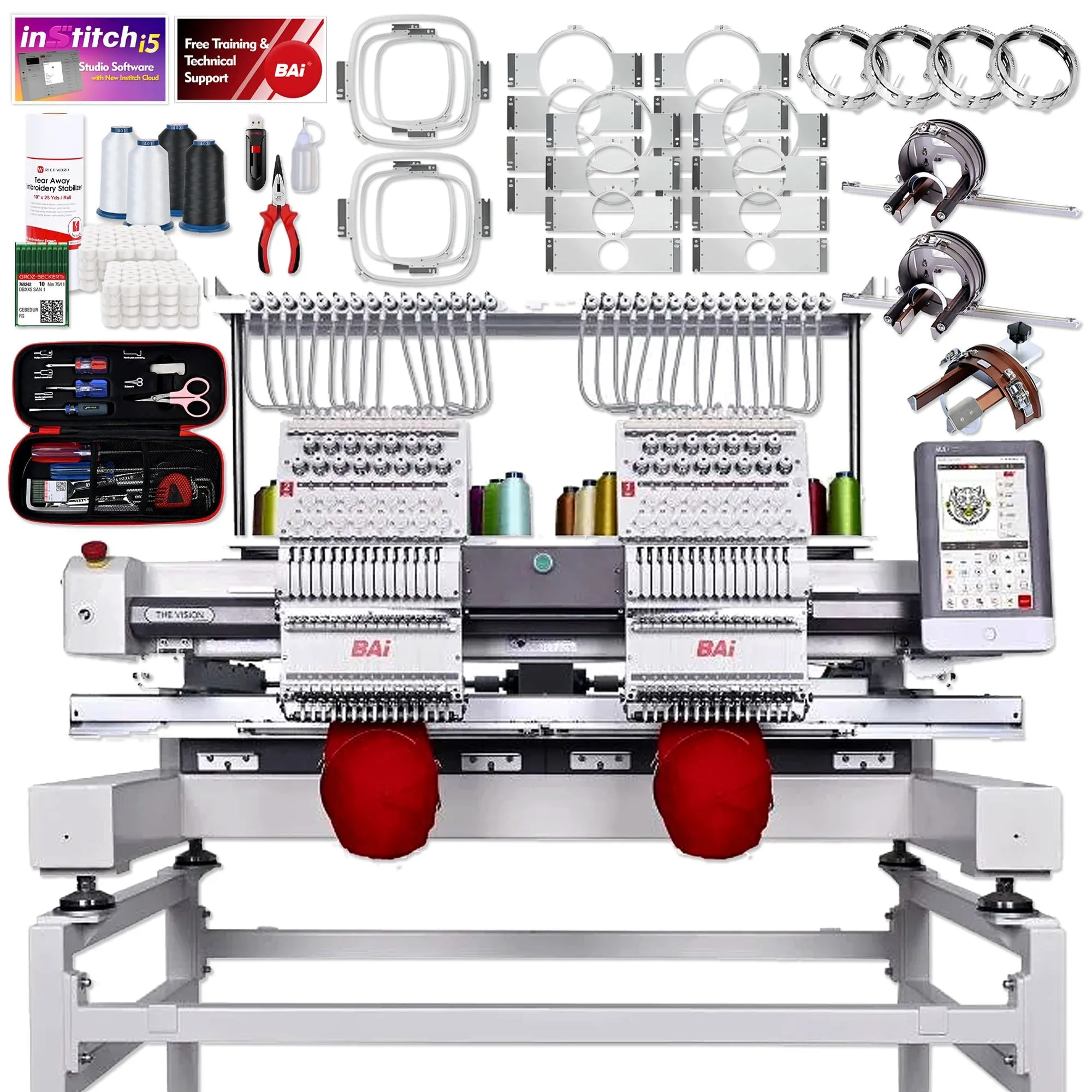BAi VISION Two Head 15 Needle Embroidery Machine with Deluxe Mighty Hoop Bundle