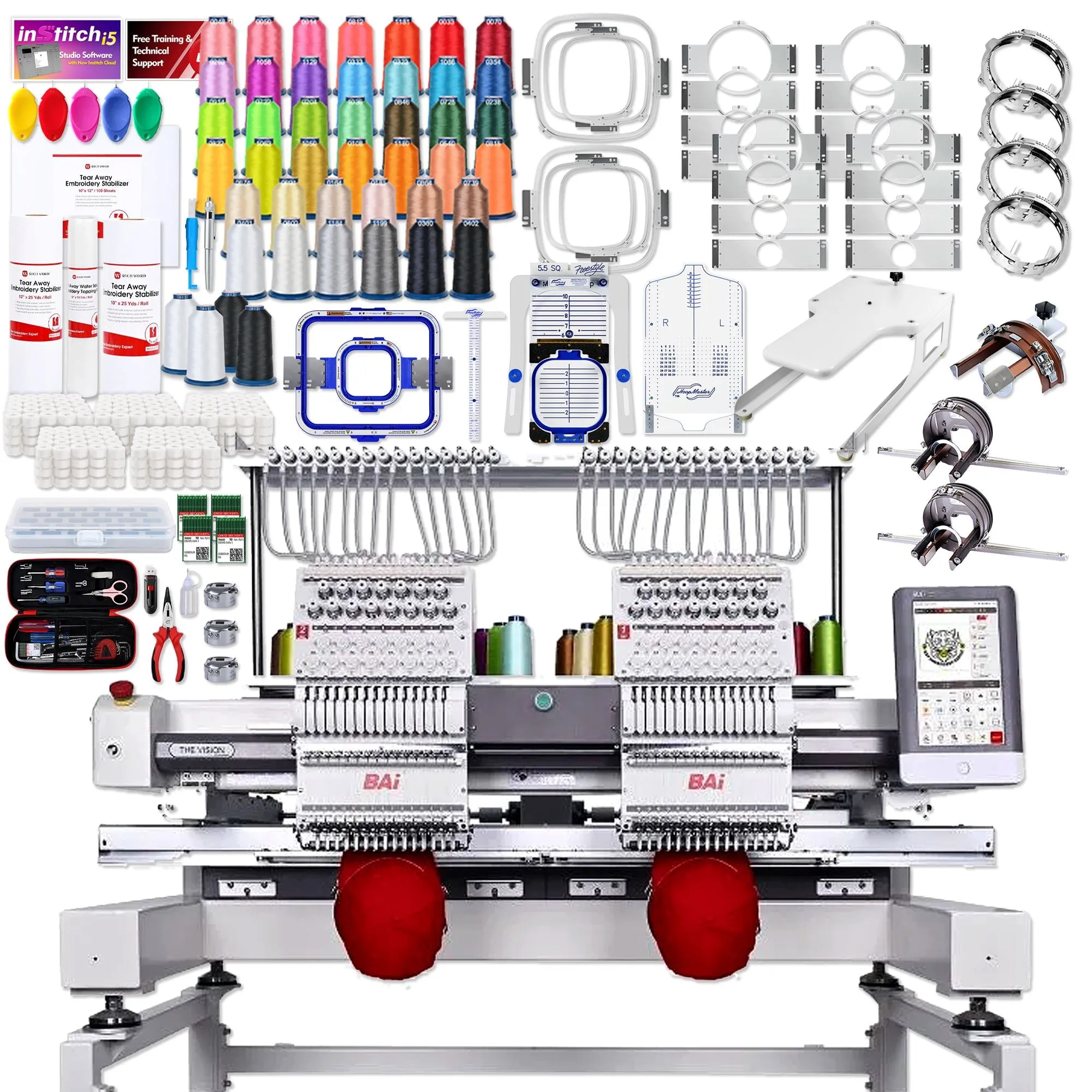 BAi VISION Two Head 15 Needle Embroidery Machine with Deluxe Mighty Hoop Bundle
