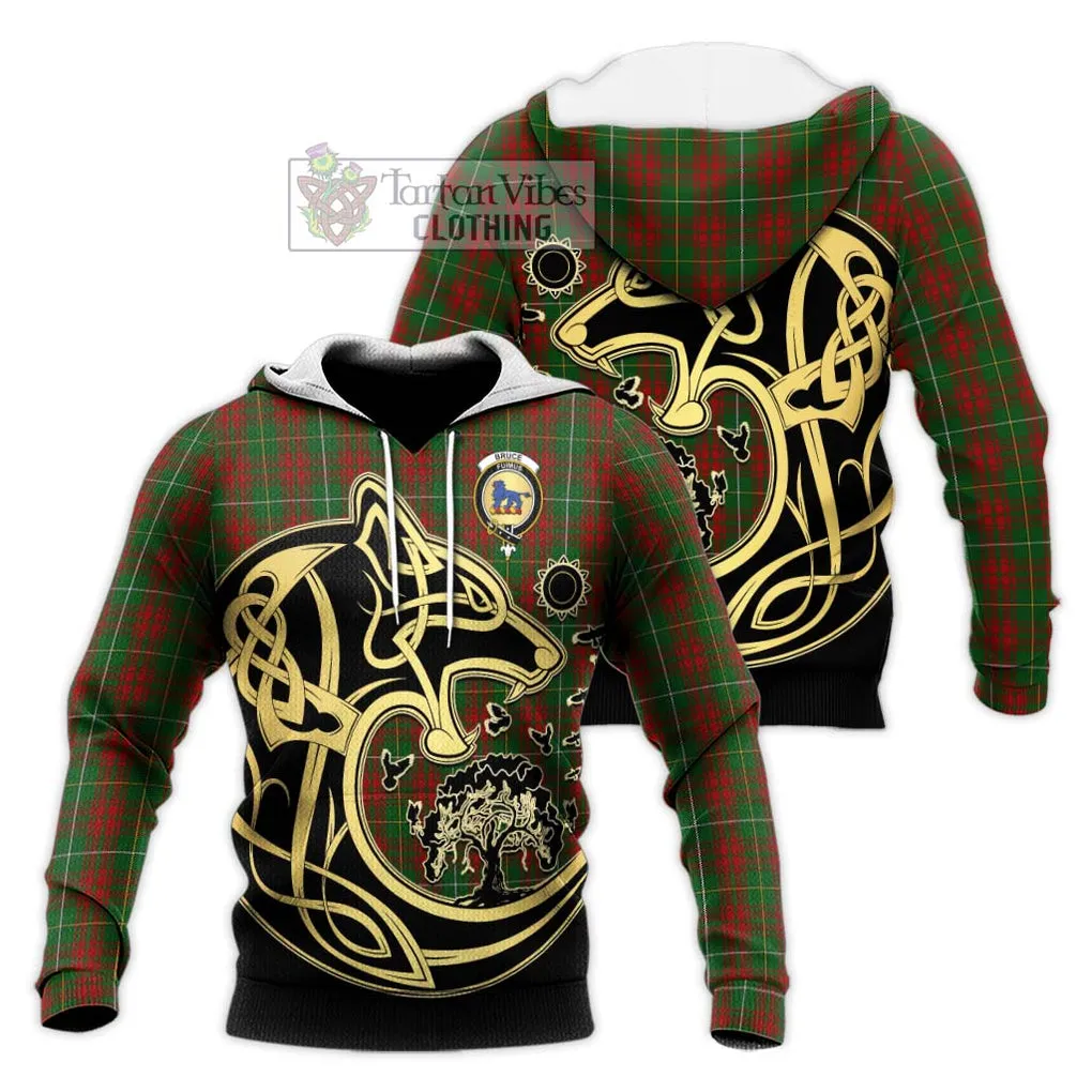 Bruce Hunting Tartan Knitted Hoodie with Family Crest Celtic Wolf Style