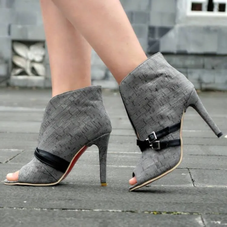 Casual Peep Toe Buckle Cutout High Heel Ankle Boots