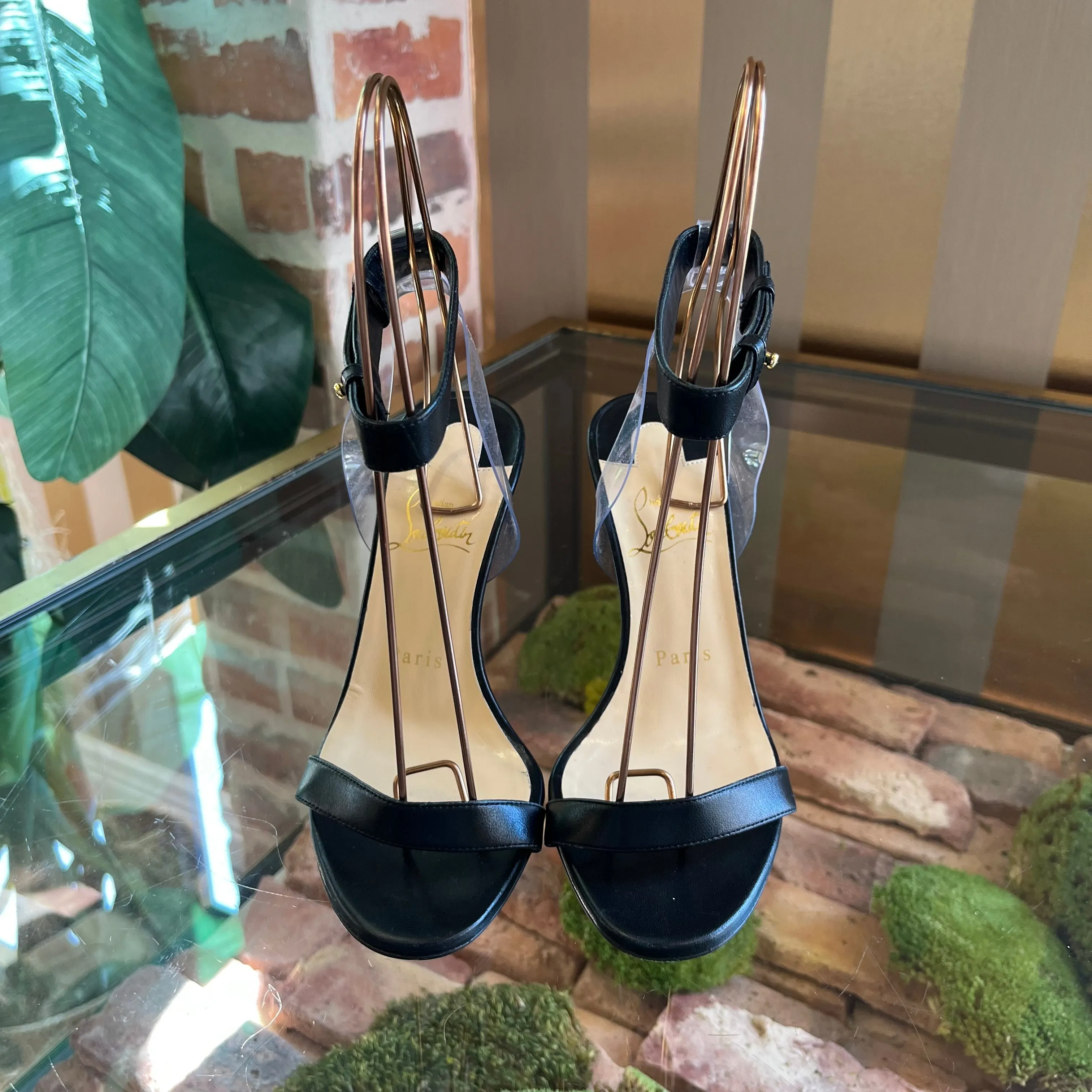 CHRISTIAN LOUBOUTIN Black and Clear Ankle Strap Heels SZ 36