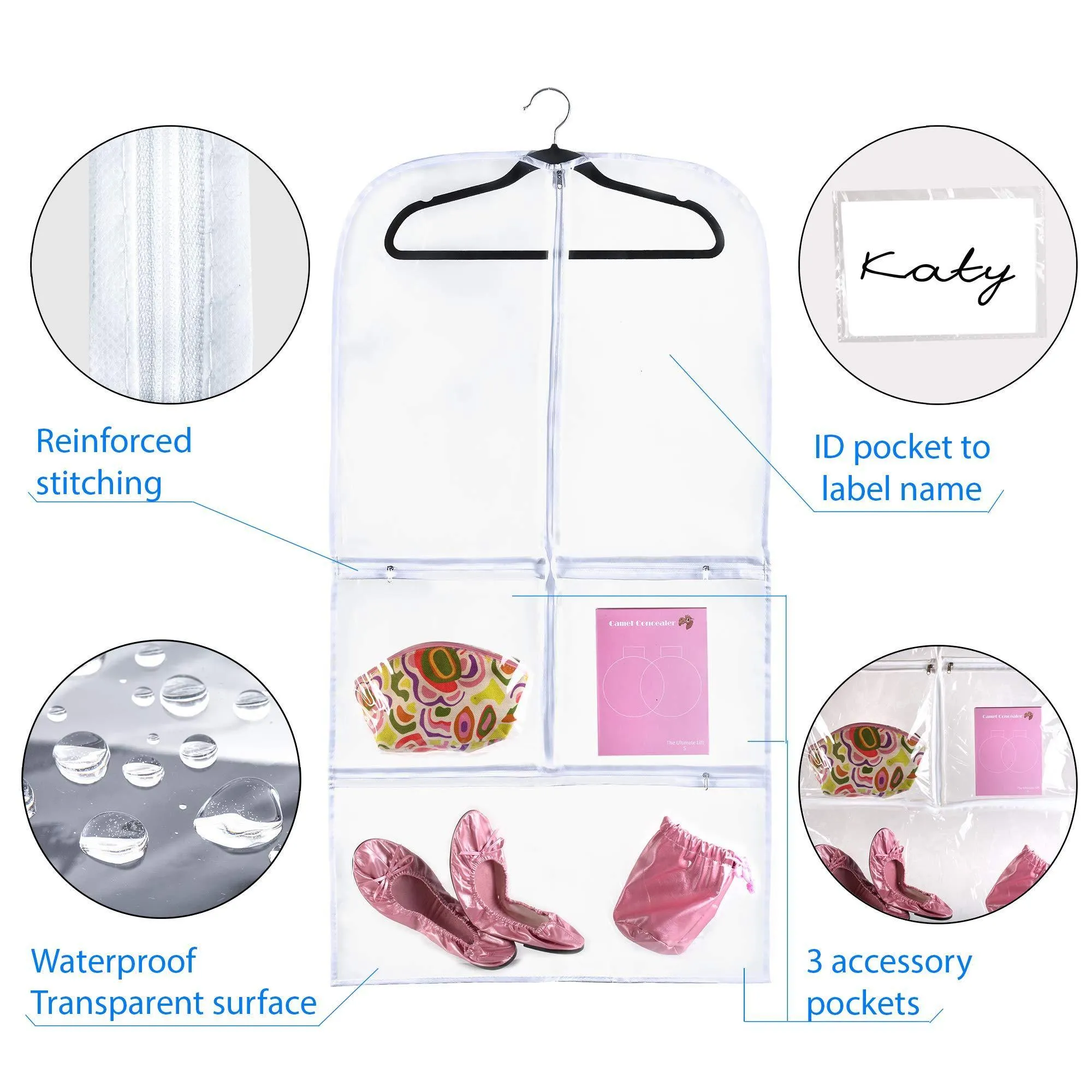 Clear Gusseted Suit Garment Bag 20 inch x 38 inch x 3 inch Dance, Dress, and Costumes Hanging Travel Storage for Clothes, Shoes, and Accessories Water-Resistant Organizer
