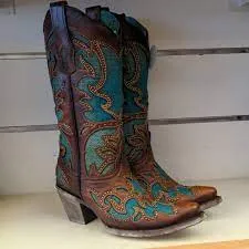 Corral Boots Ladies Tan & Blue Inlay w/ Embroidery Studs Boots