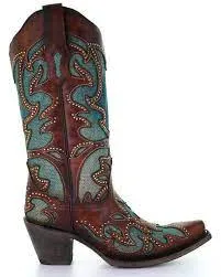 Corral Boots Ladies Tan & Blue Inlay w/ Embroidery Studs Boots