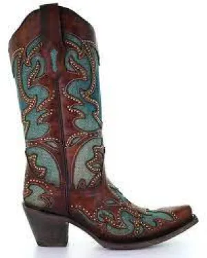 Corral Boots Ladies Tan & Blue Inlay w/ Embroidery Studs Boots