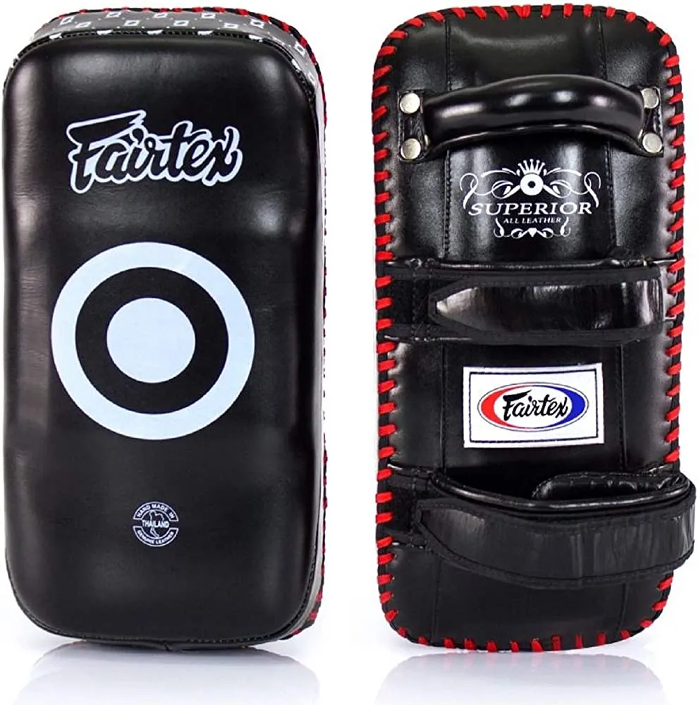 FAIRTEX KPLC2 SUPERIOR CURVED MUAY THAI BOXING MMA KICK PADS Size Standard Cowhide Leather Black Red