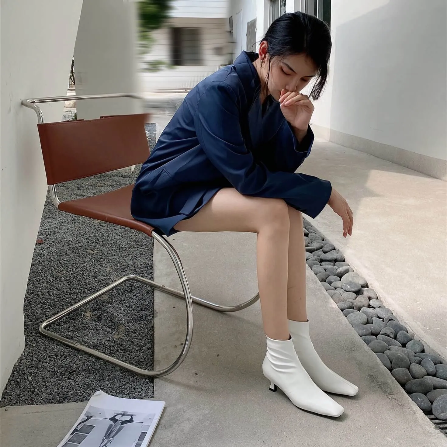 Fashion Leather Square Toe Low Heel Stretch Calf Boots