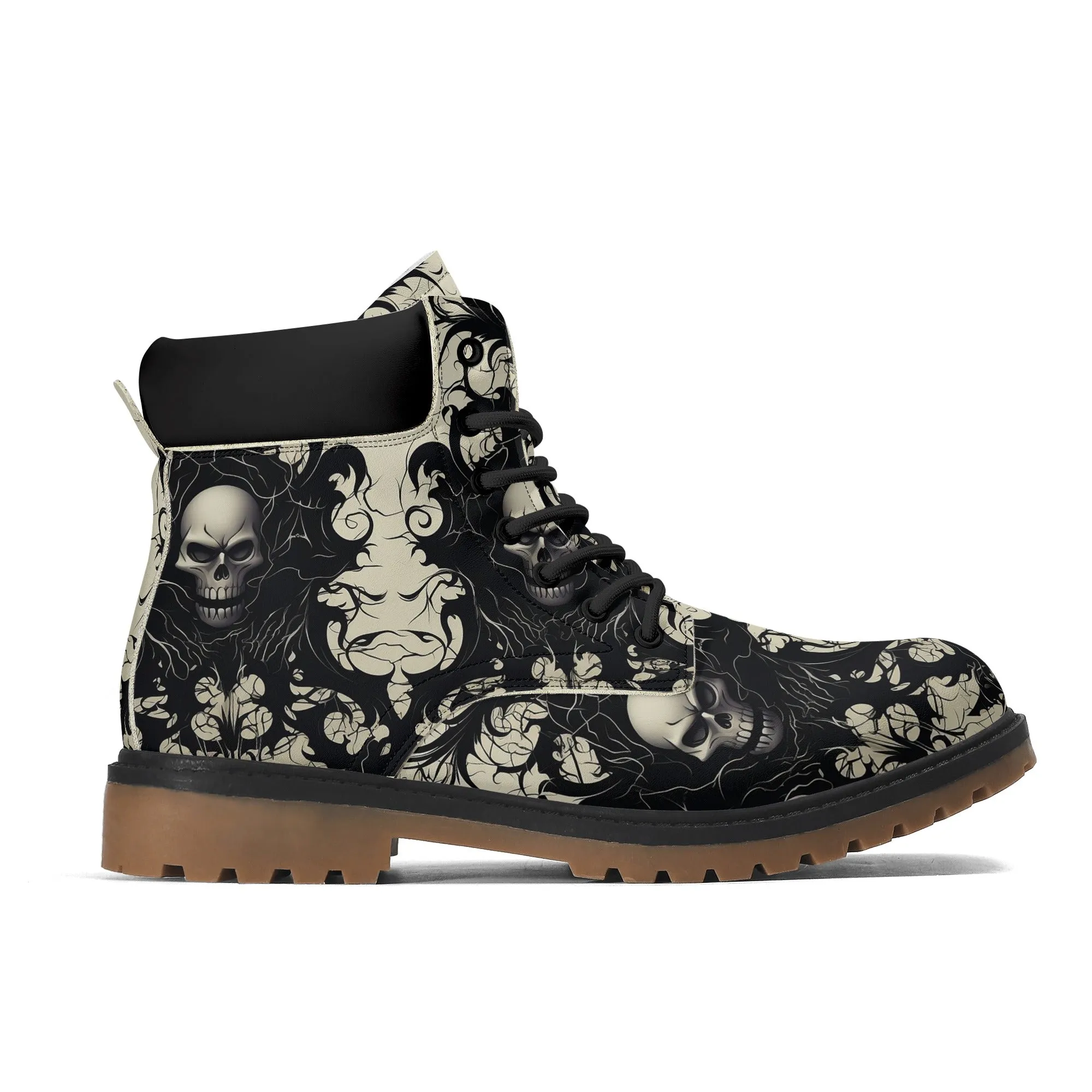 Gothic Black And White Leather Brown Outsole All Season Boots