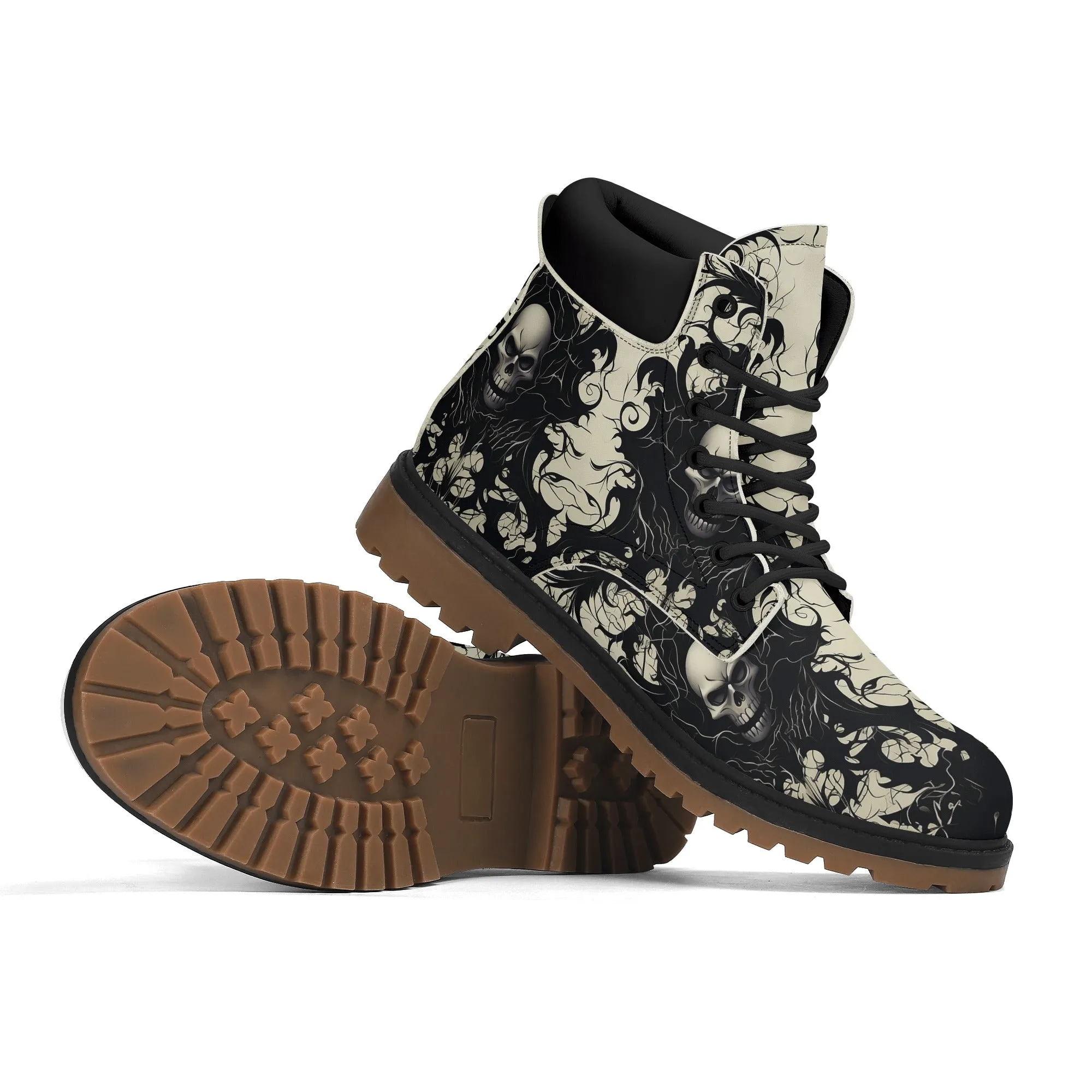 Gothic Black And White Leather Brown Outsole All Season Boots