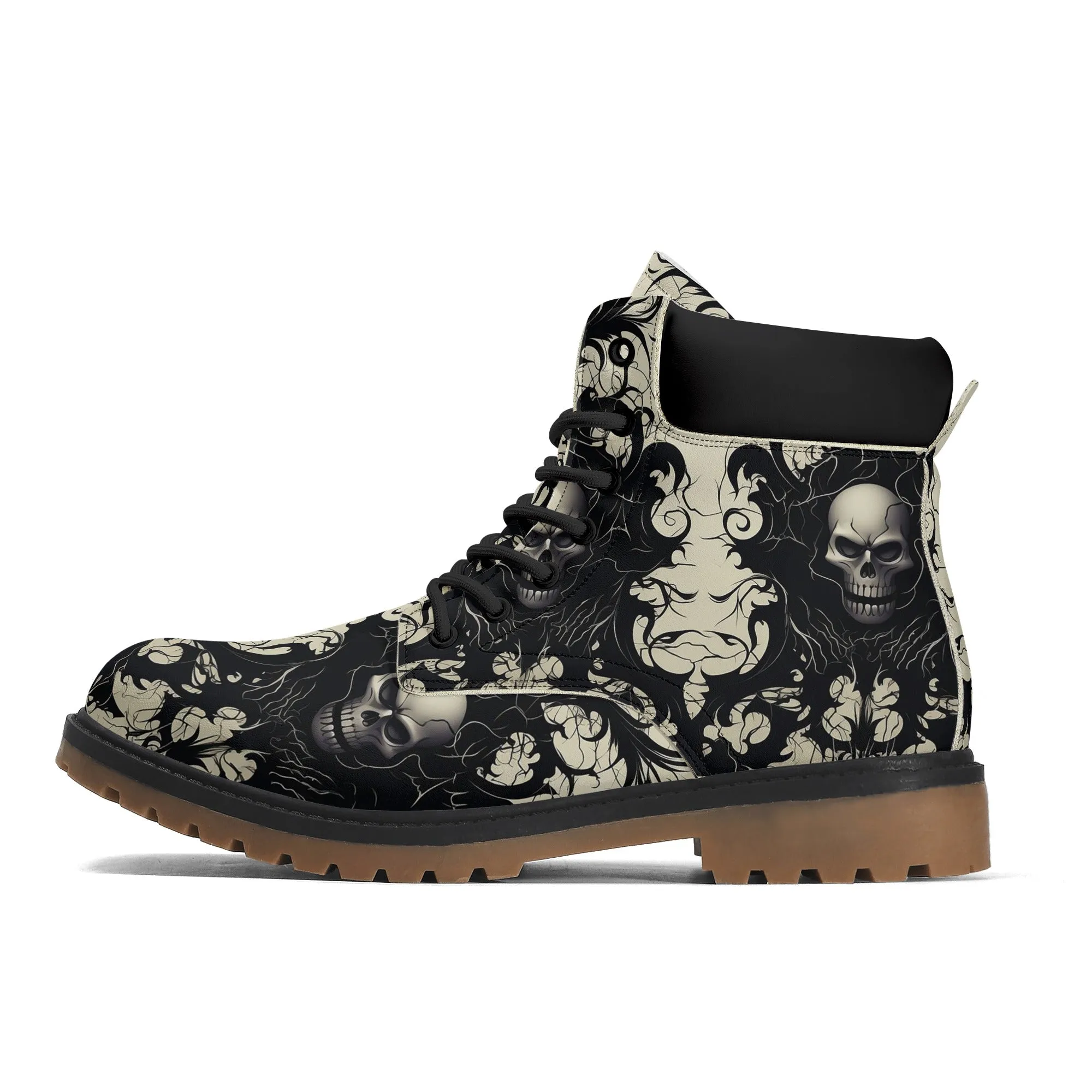 Gothic Black And White Leather Brown Outsole All Season Boots