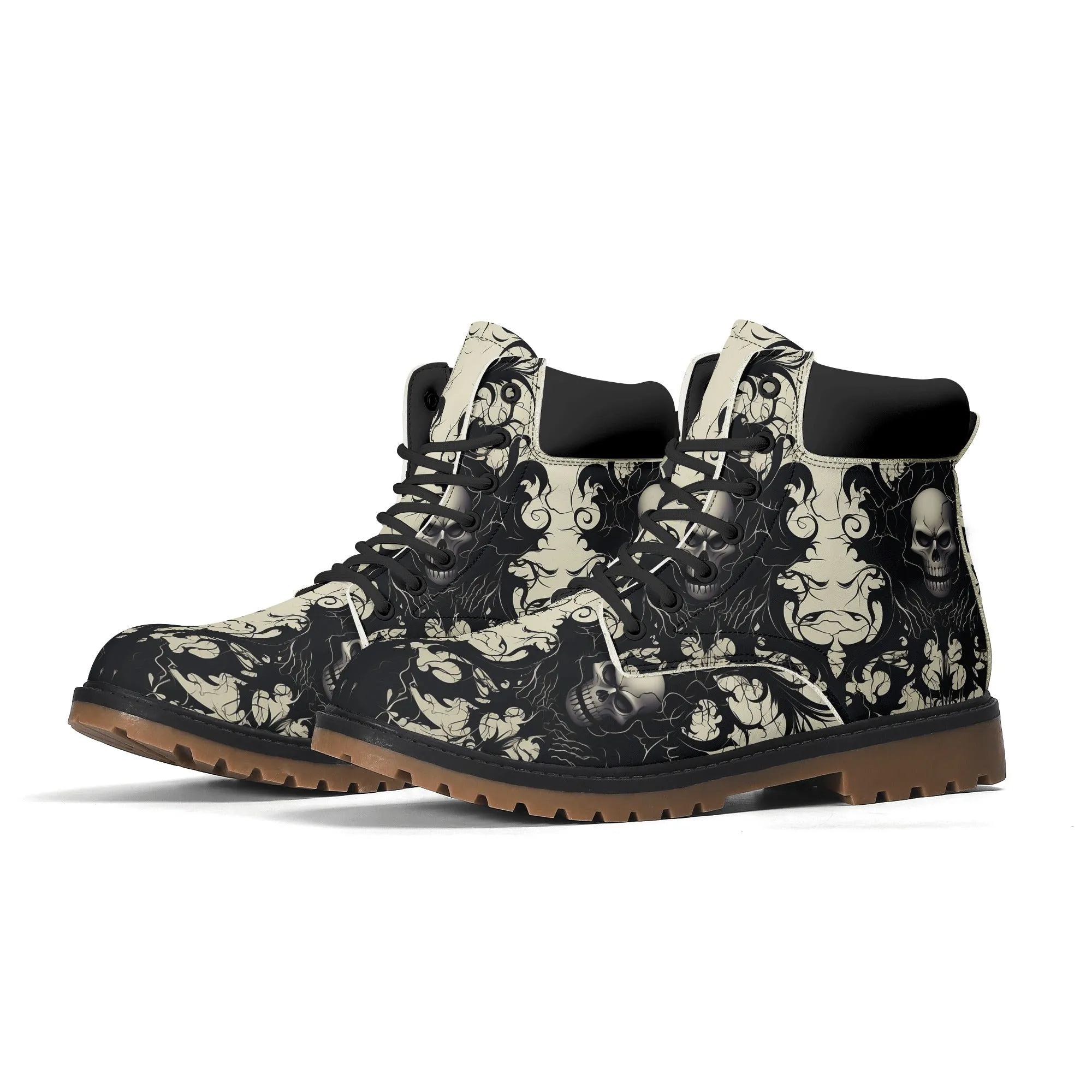 Gothic Black And White Leather Brown Outsole All Season Boots