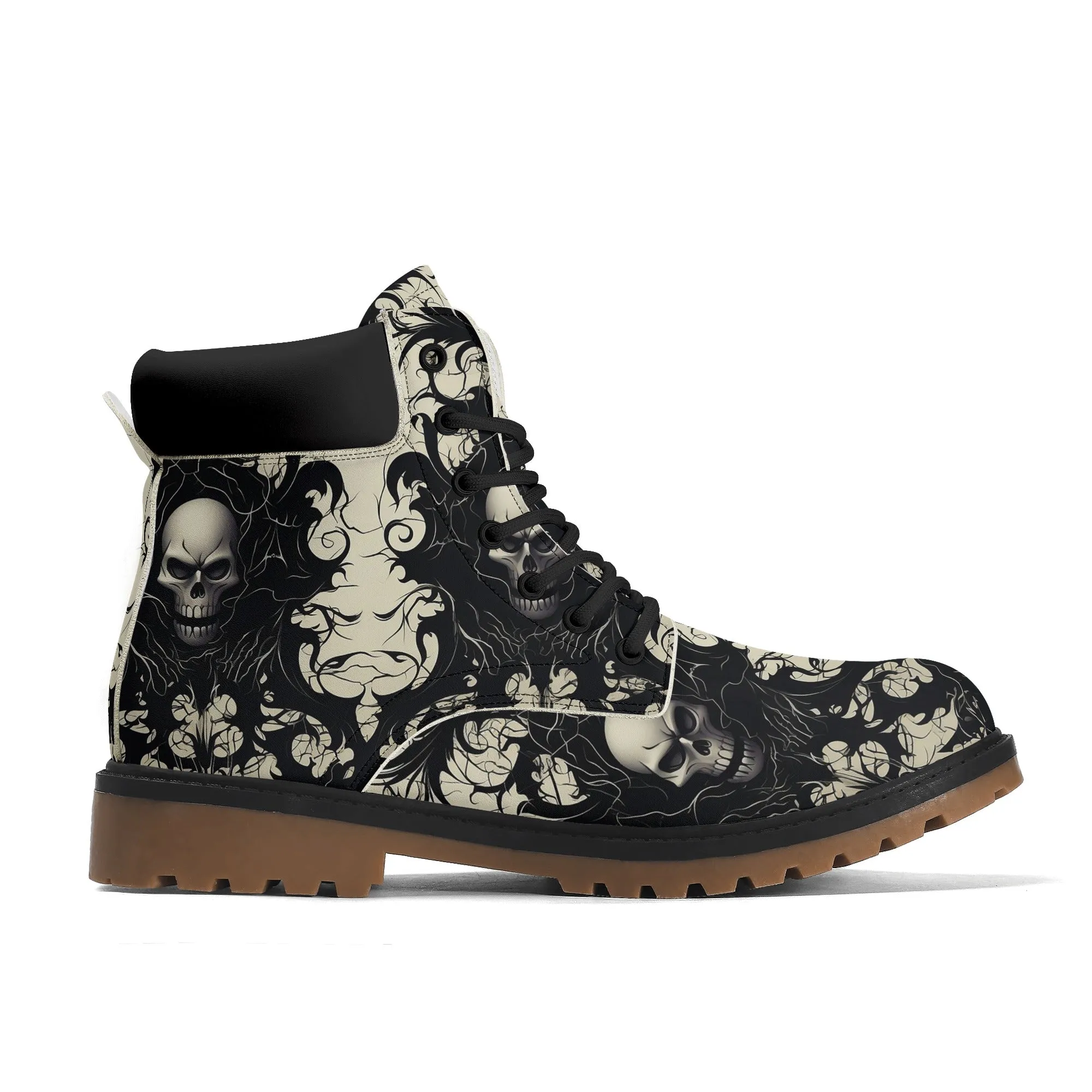 Gothic Black And White Leather Brown Outsole All Season Boots