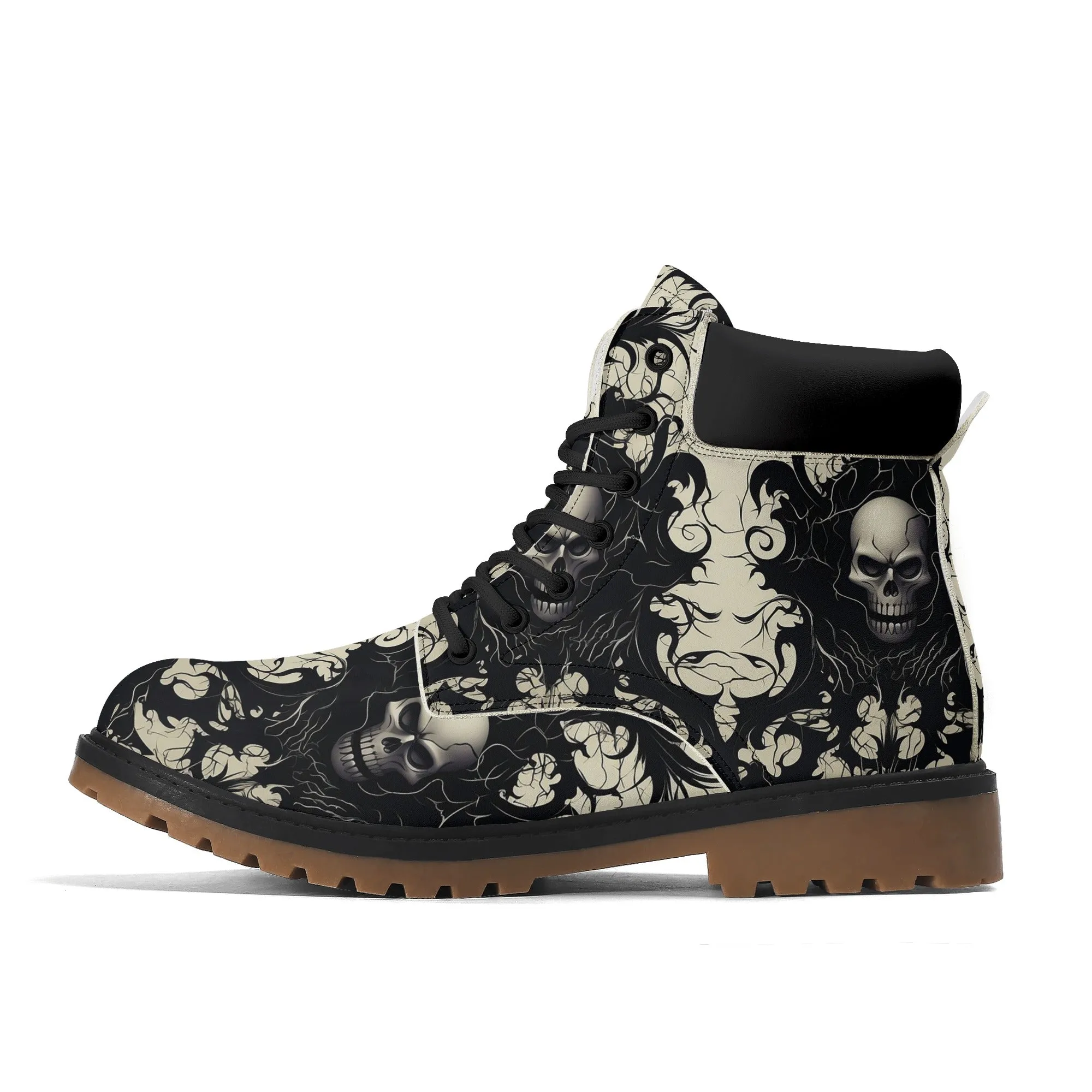 Gothic Black And White Leather Brown Outsole All Season Boots