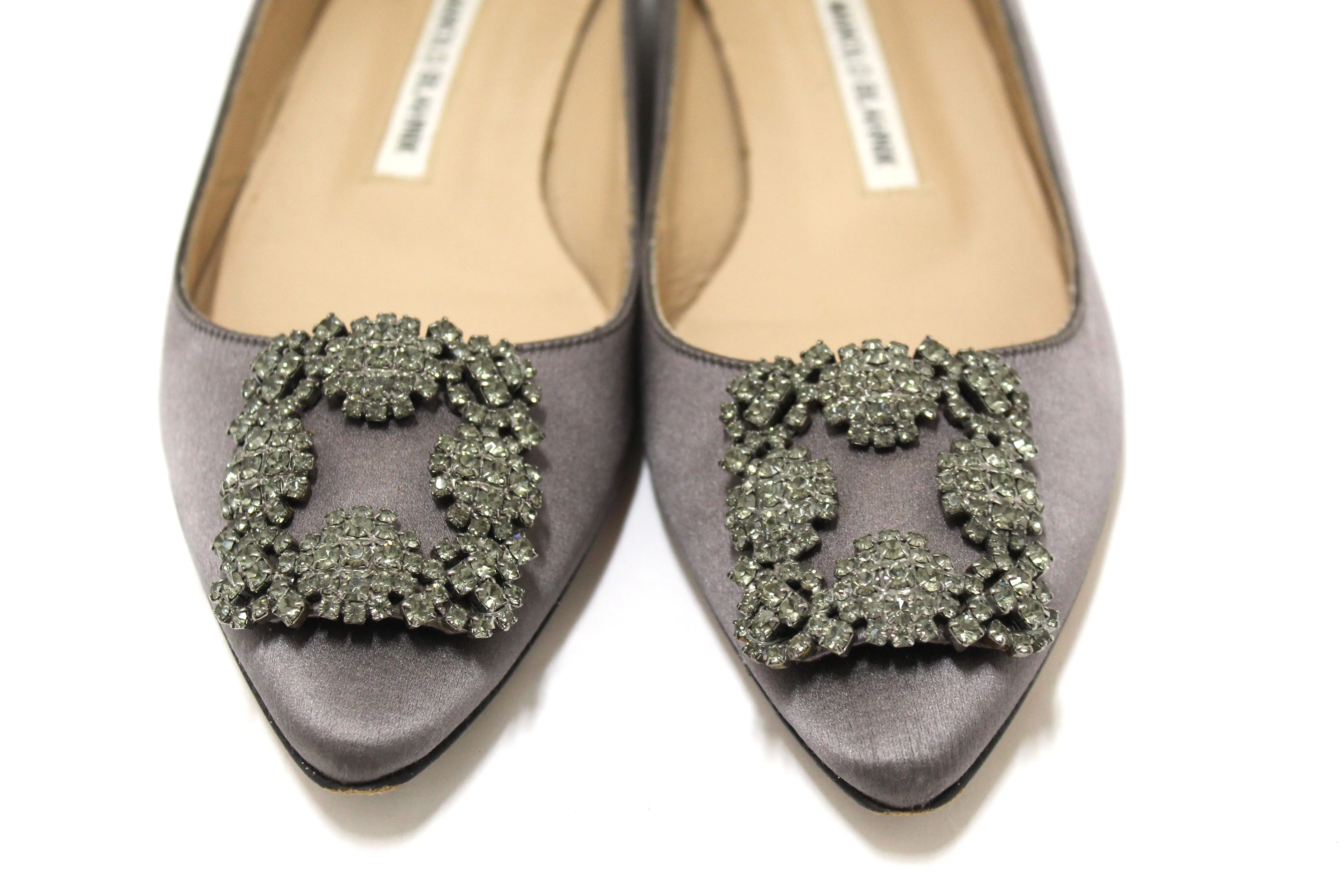 Manolo Blahnik Silver Satin Crystal Buckle Flats Shoes Size 37.5