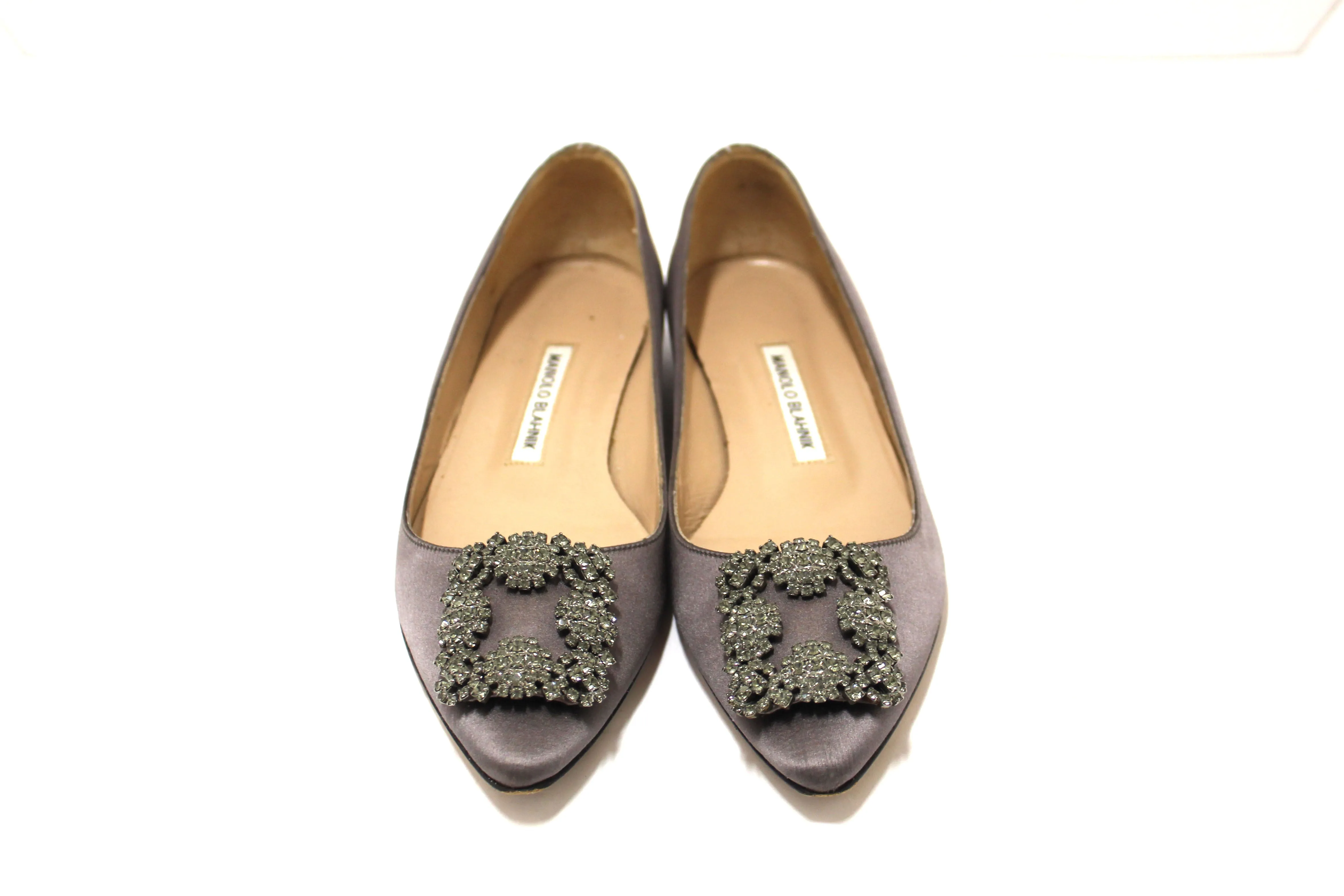 Manolo Blahnik Silver Satin Crystal Buckle Flats Shoes Size 37.5