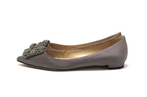 Manolo Blahnik Silver Satin Crystal Buckle Flats Shoes Size 37.5