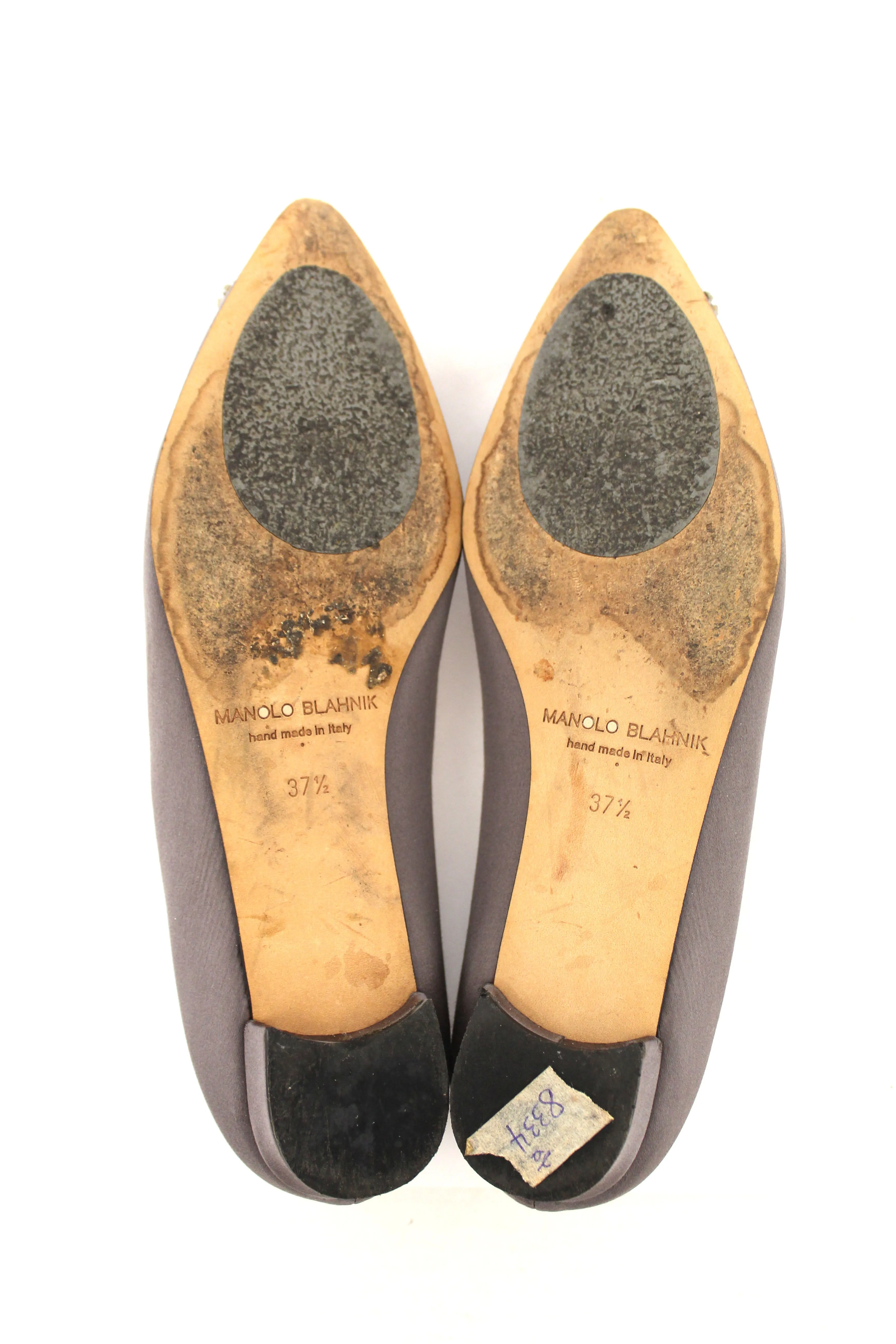 Manolo Blahnik Silver Satin Crystal Buckle Flats Shoes Size 37.5
