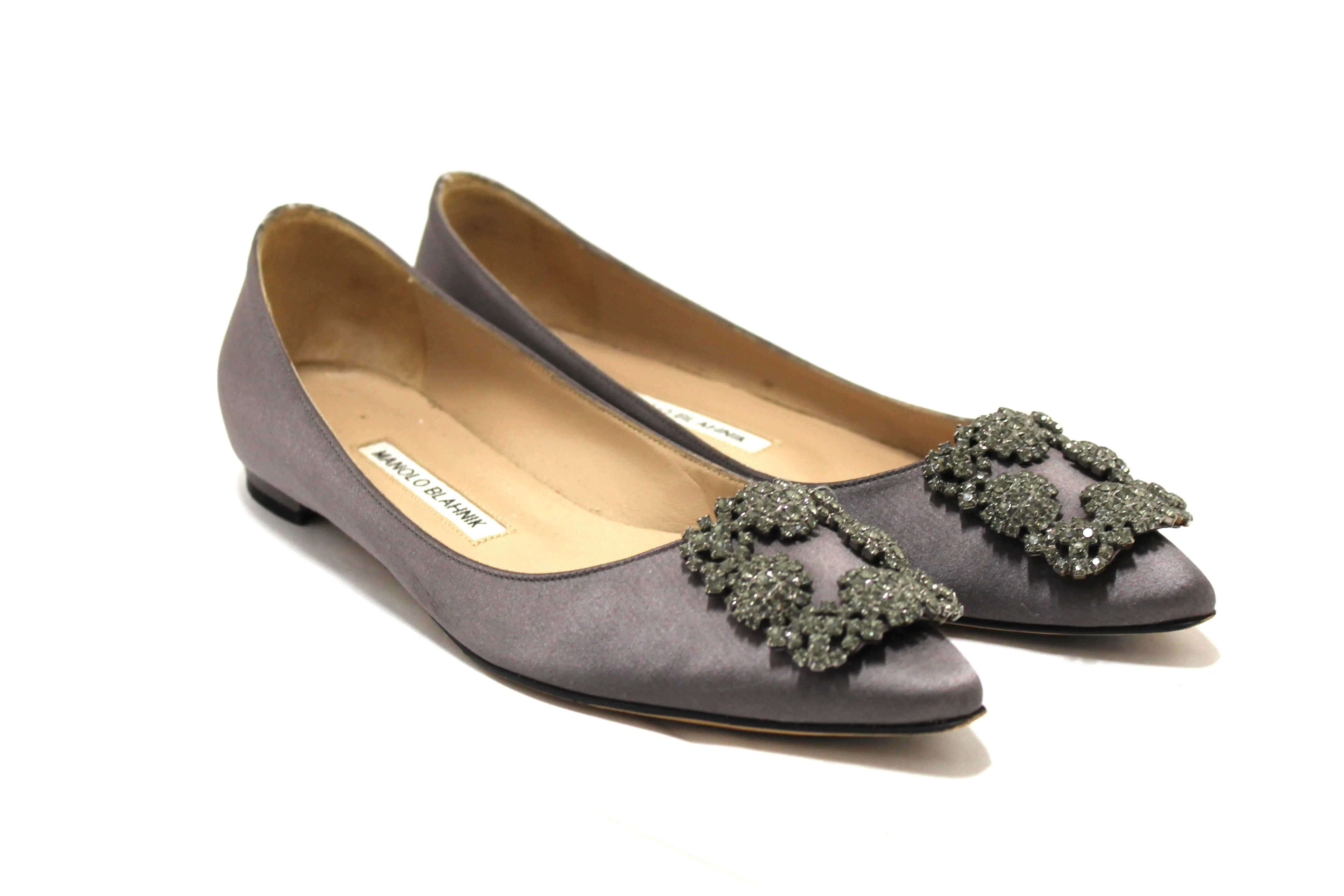 Manolo Blahnik Silver Satin Crystal Buckle Flats Shoes Size 37.5