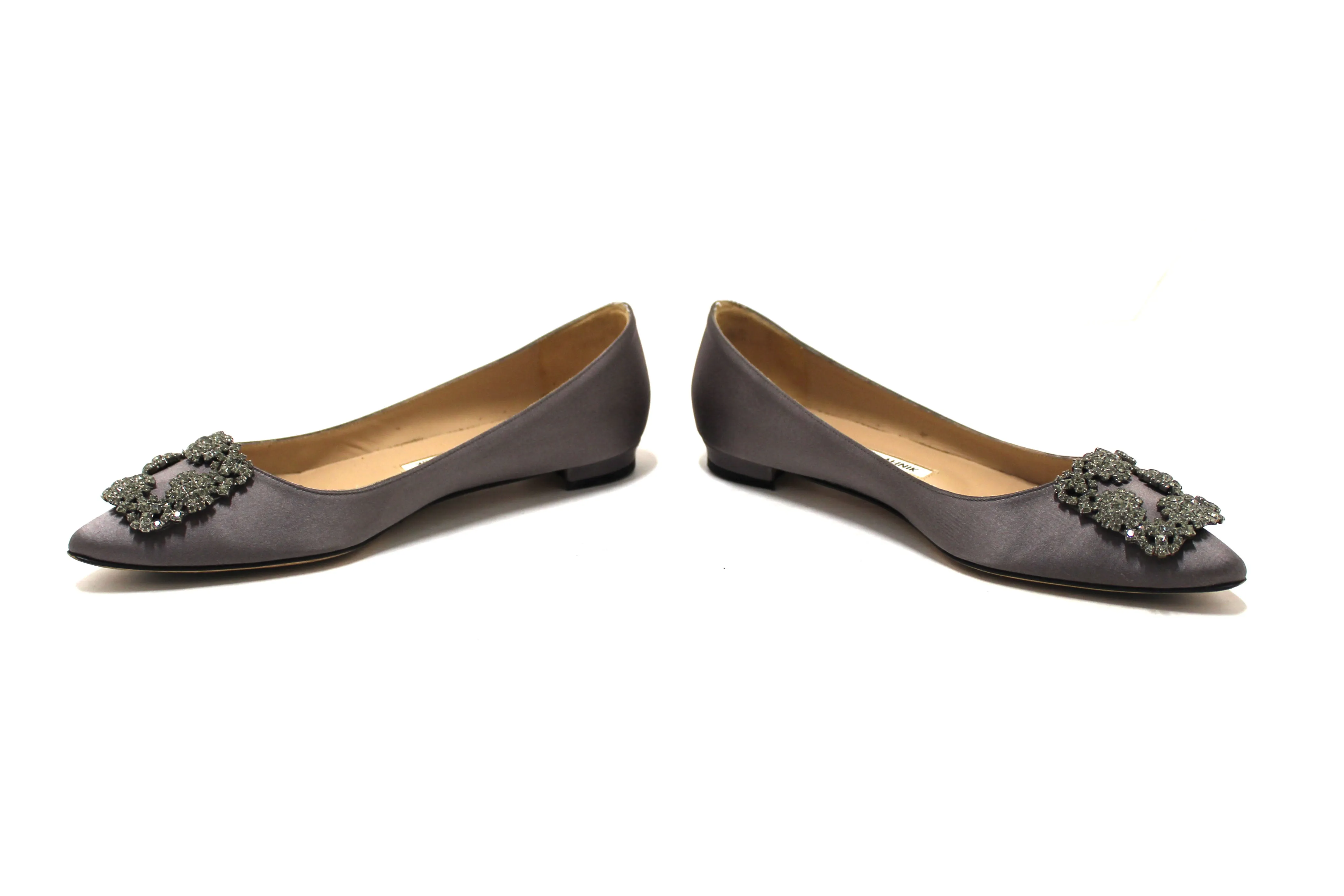 Manolo Blahnik Silver Satin Crystal Buckle Flats Shoes Size 37.5