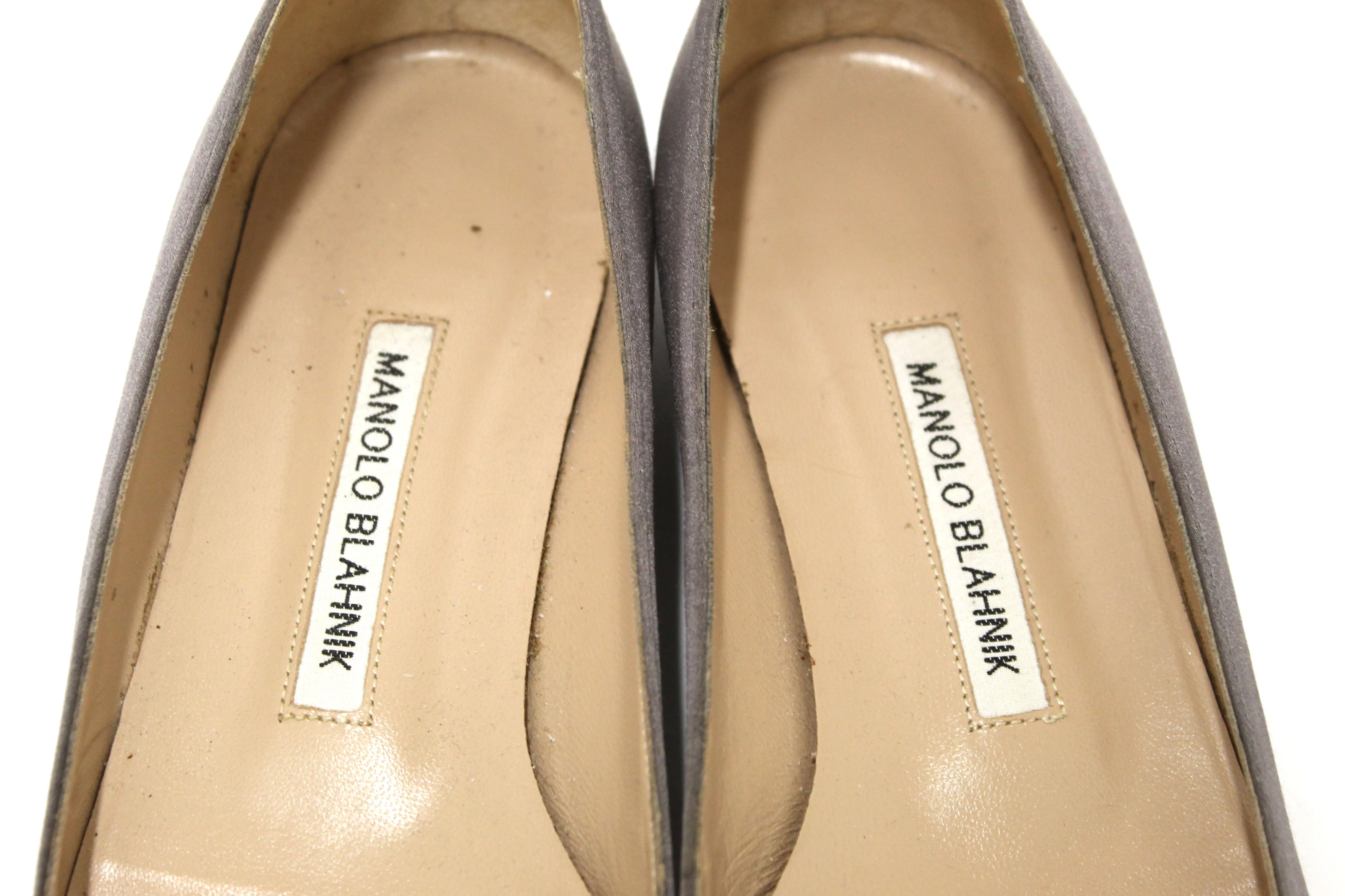 Manolo Blahnik Silver Satin Crystal Buckle Flats Shoes Size 37.5