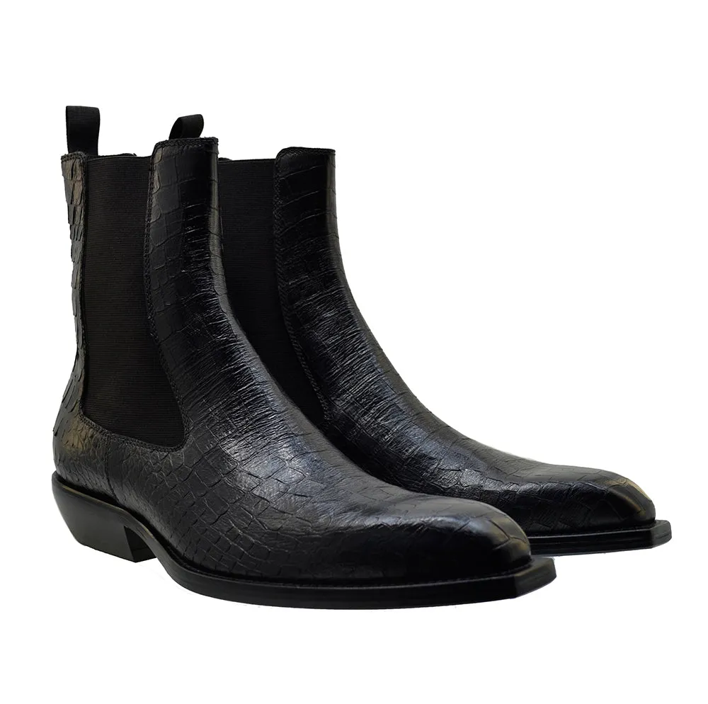 Men's Italian Shoes Jo Ghost 4768 Black Print Crocodile Leather Chelsea Boots
