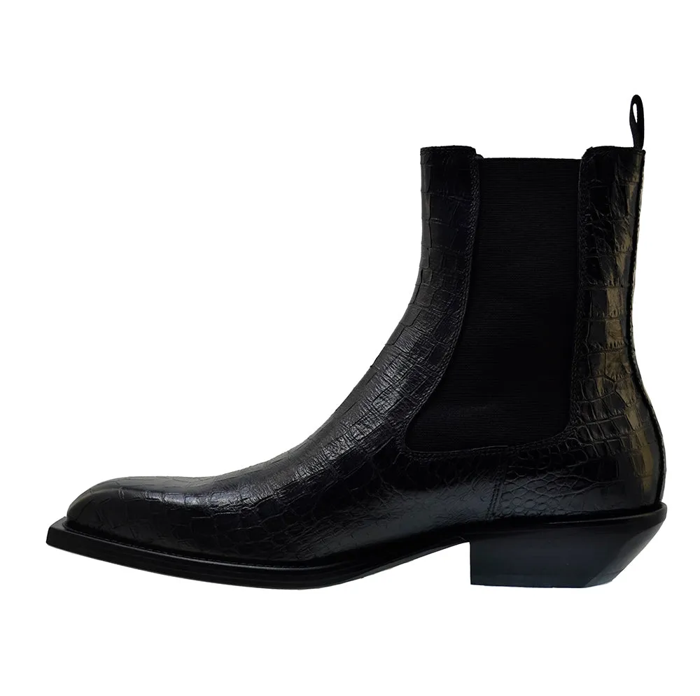Men's Italian Shoes Jo Ghost 4768 Black Print Crocodile Leather Chelsea Boots