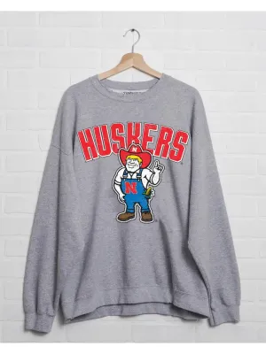 Nebraska Huskers Cartoon Mascot Gray Thrifted Sweatshirt