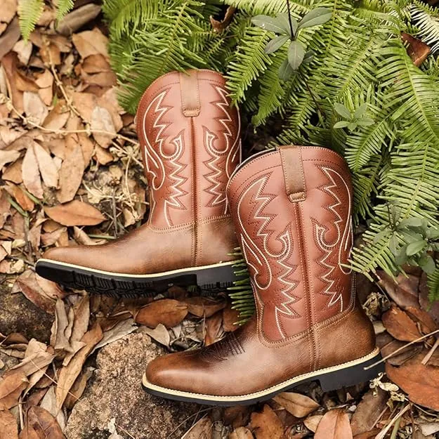 NEW Abborora Men's Western Cowboy Boots Men's Boots with Classic Embroidered, Slip on Square Toe Boots Country Boots Work Boots for Men, Brown, Men's Sz 38 (5), Retails $78