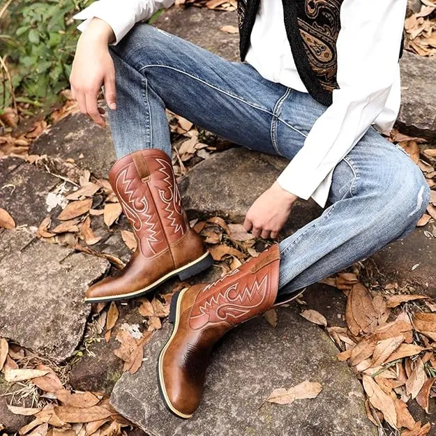 NEW Abborora Men's Western Cowboy Boots Men's Boots with Classic Embroidered, Slip on Square Toe Boots Country Boots Work Boots for Men, Brown, Men's Sz 38 (5), Retails $78