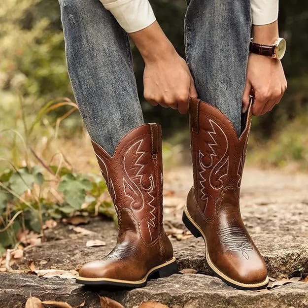 NEW Abborora Men's Western Cowboy Boots Men's Boots with Classic Embroidered, Slip on Square Toe Boots Country Boots Work Boots for Men, Brown, Men's Sz 38 (5), Retails $78