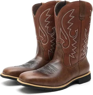 NEW Abborora Men's Western Cowboy Boots Men's Boots with Classic Embroidered, Slip on Square Toe Boots Country Boots Work Boots for Men, Brown, Men's Sz 38 (5), Retails $78
