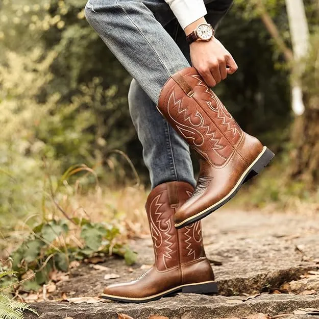 NEW Abborora Men's Western Cowboy Boots Men's Boots with Classic Embroidered, Slip on Square Toe Boots Country Boots Work Boots for Men, Brown, Men's Sz 38 (5), Retails $78