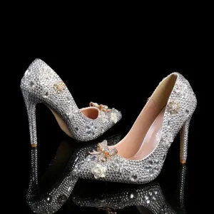 Pointed Silver Sparkling Diamond Stiletto Fashion Wedding Shoes