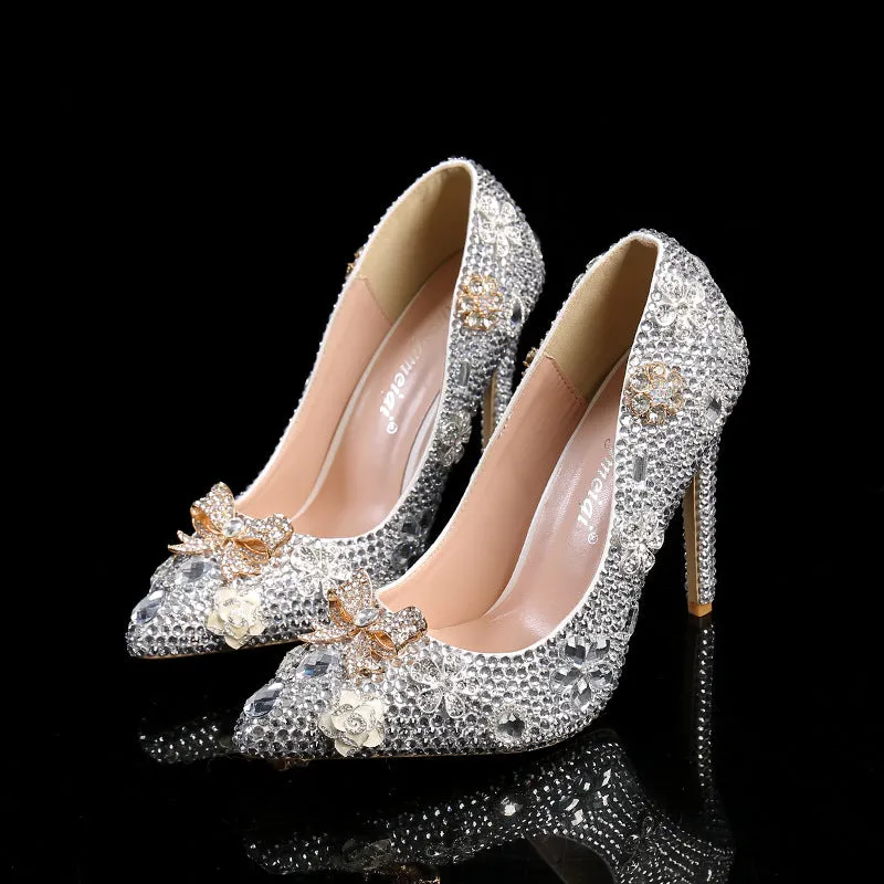 Pointed Silver Sparkling Diamond Stiletto Fashion Wedding Shoes