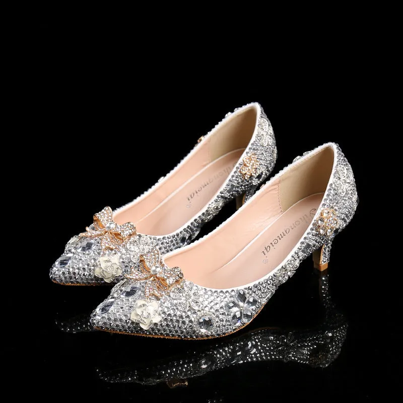 Pointed Silver Sparkling Diamond Stiletto Fashion Wedding Shoes