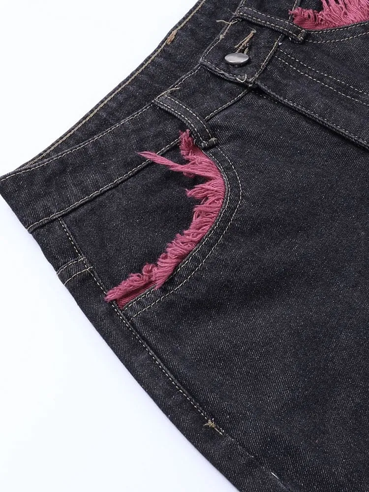 Red & Black Distressed Y2K Jeans