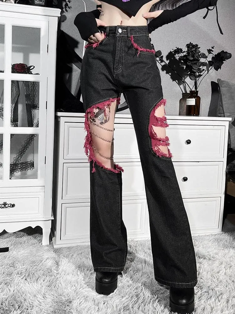 Red & Black Distressed Y2K Jeans