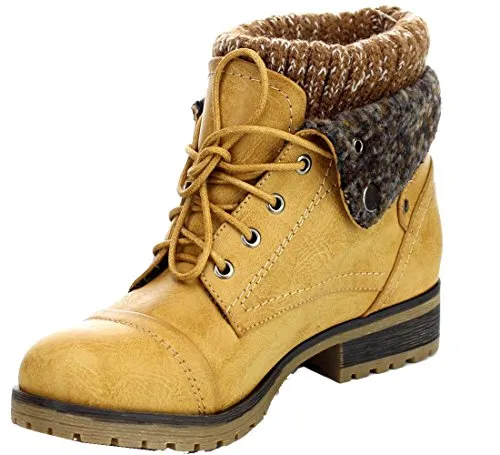 Refresh WYNNE-01 Women's Tan Combat Style Lace Up Ankle Booties
