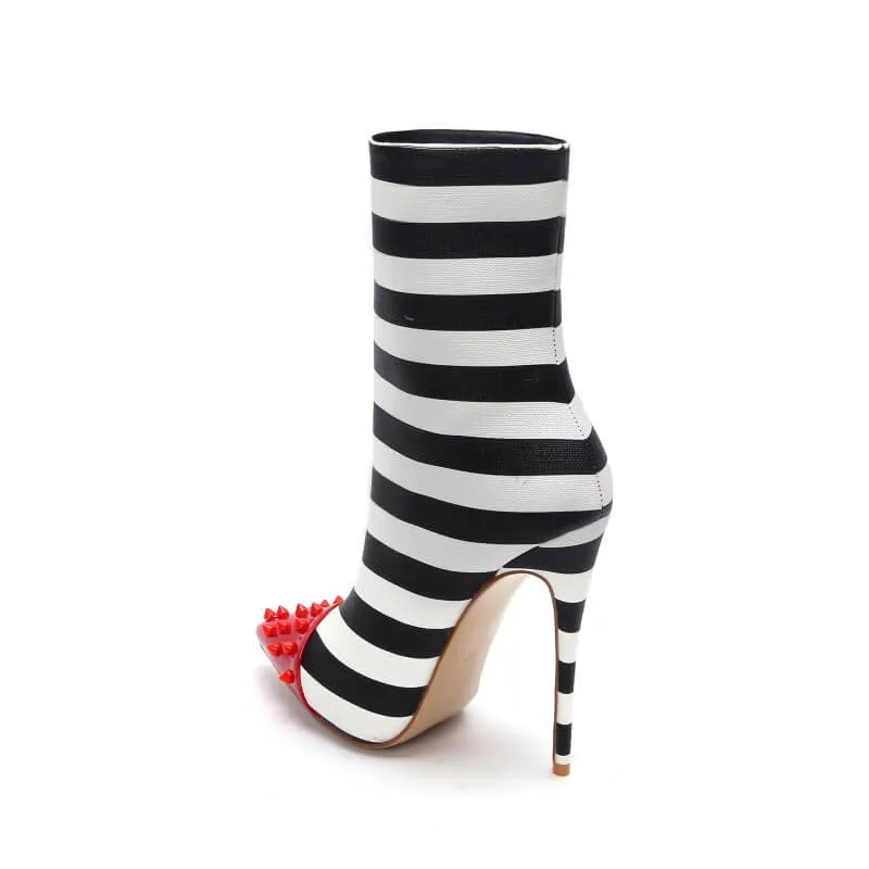 Stripes Rivet Pointed Toe High Heel Calf Boots
