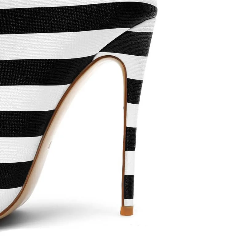 Stripes Rivet Pointed Toe High Heel Calf Boots