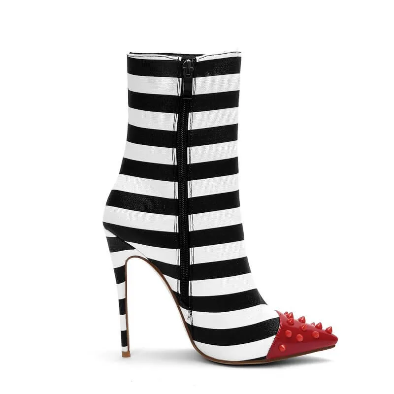 Stripes Rivet Pointed Toe High Heel Calf Boots