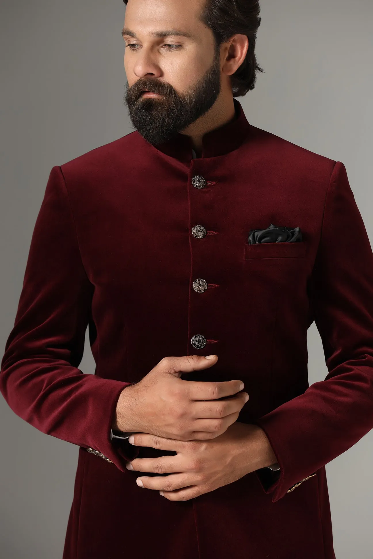 Velvet Maroon Bandhgala suit