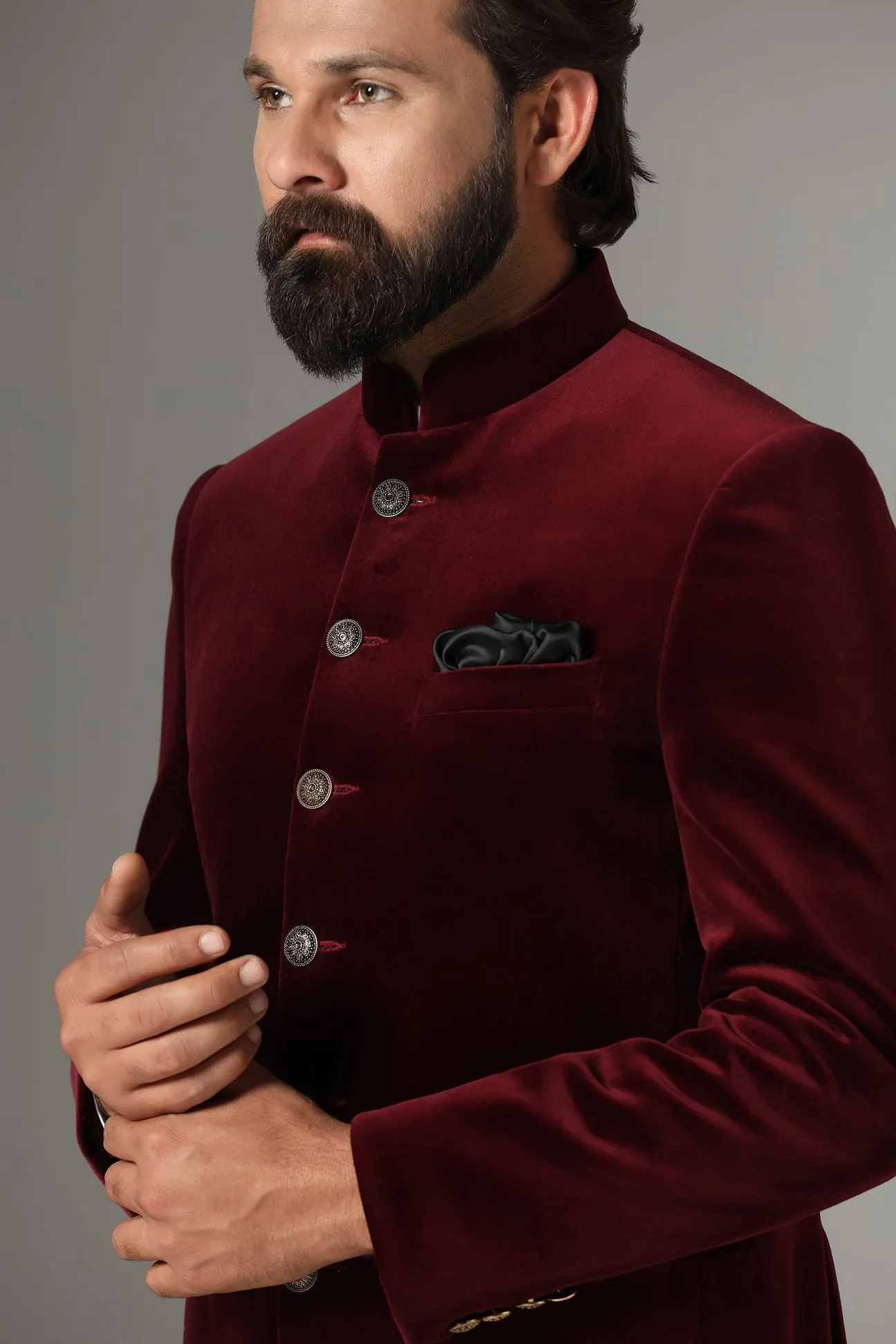 Velvet Maroon Bandhgala suit