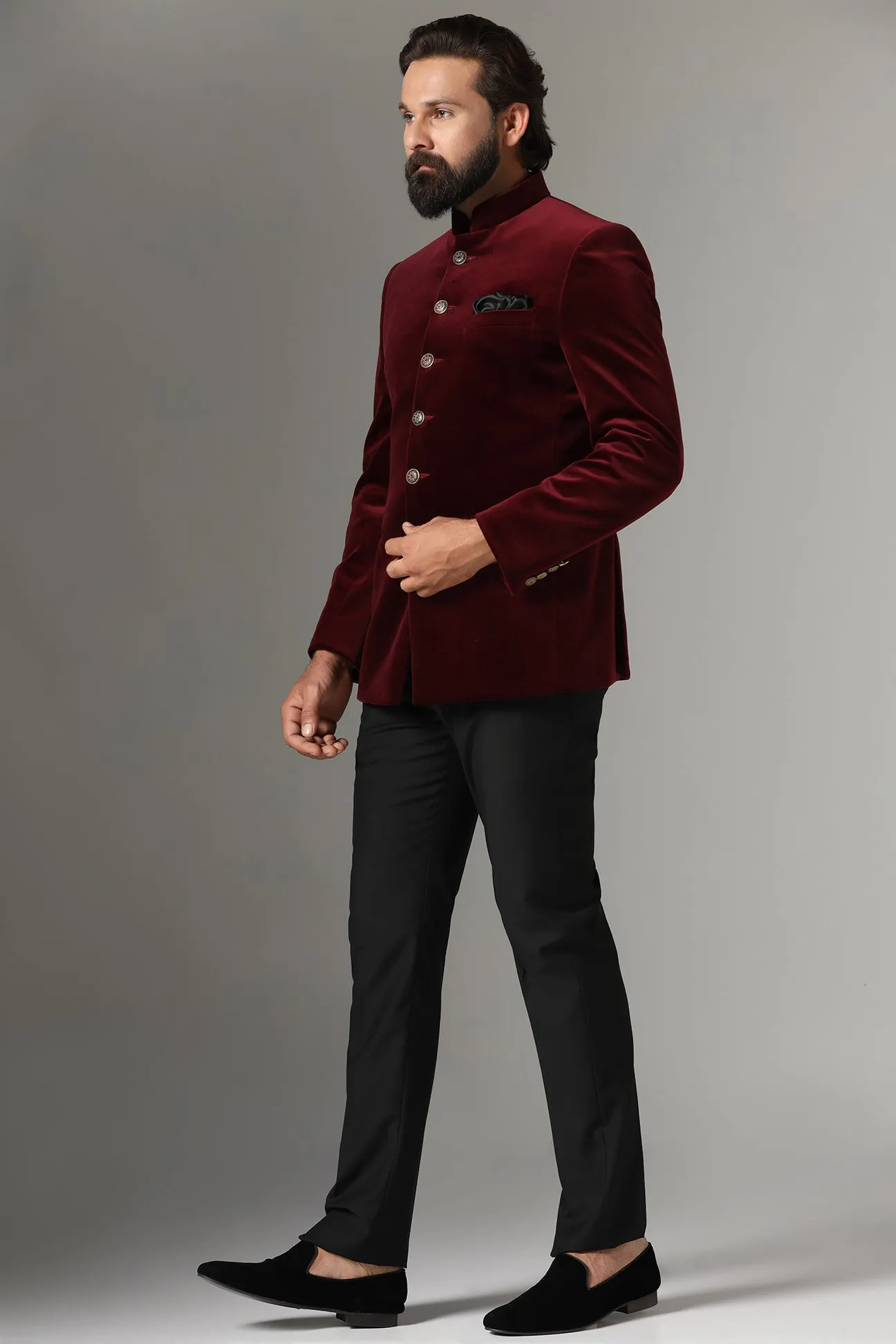 Velvet Maroon Bandhgala suit