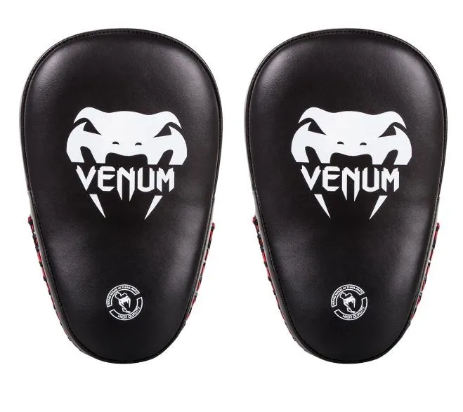 VENUM ELITE SMALL FOCUS MUAY THAI BOXING MMA KICK PADS Black White