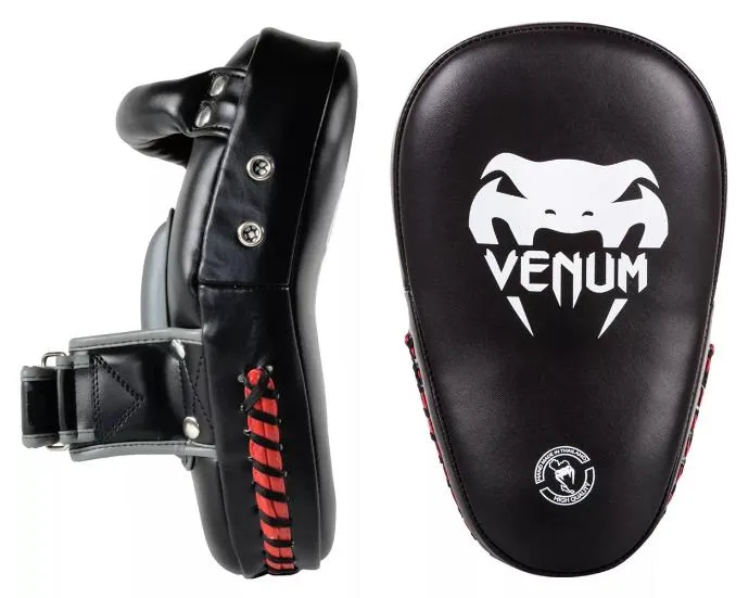 VENUM ELITE SMALL FOCUS MUAY THAI BOXING MMA KICK PADS Black White